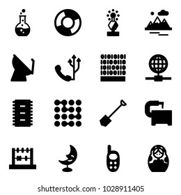 Solid vector icon set - round flask vector, circle chart, award, mountains, satellite antenna, phone, binary code, globe, chip, circuit, shovel, machine tool, abacus, moon lamp, toy, russian doll