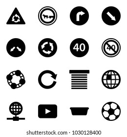 Solid vector icon set - round motion vector road sign, no cart horse, only right, detour, circle, minimal speed limit, end, friends, reload, jalousie, globe, playback, basin, soccer ball