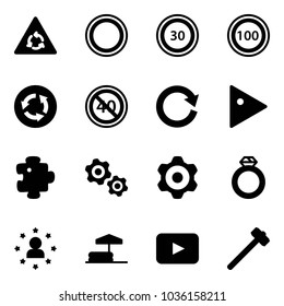 Solid vector icon set - round motion vector road sign, prohibition, speed limit 30, 100, circle, end minimal, reload, play, puzzle, gears, gear, diamond ring, star man, inflatable pool, playback