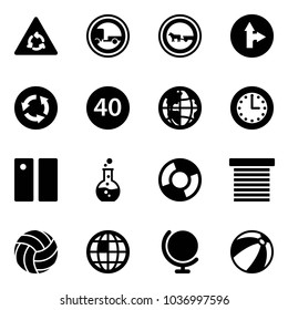 Solid vector icon set - round motion vector road sign, no trailer, cart horse, only forward right, circle, minimal speed limit, globe, time, pause, flask, chart, jalousie, volleyball, beach ball