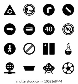 Solid vector icon set - round motion vector road sign, no trailer, only right, detour, bus, minimal speed limit, end, pedestrian way, pause, flask, globe, basin, ufo toy, soccer ball