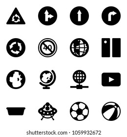 Solid vector icon set - round motion vector road sign, only forward right, circle, end minimal speed limit, globe, pause, playback, basin, ufo toy, soccer ball, beach
