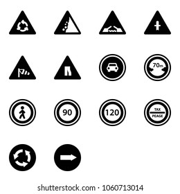 Solid vector icon set - round motion vector road sign, landslide, drawbridge, intersection, side wind, narrows, no car, limited distance, pedestrian, speed limit 90, 120, tax peage, circle