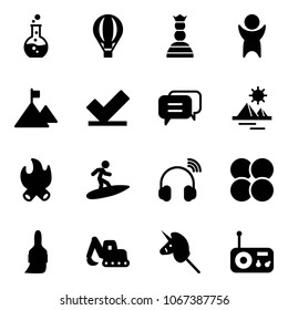 Solid vector icon set - round flask vector, air balloon, chess queen, success, mountain, check, dialog, pyramid, fire, surfing, wireless headphones, atom core, brush, excavator toy, unicorn stick