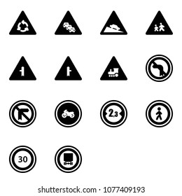 Solid vector icon set - round motion vector road sign, multi lane traffic, steep descent, children, intersection, railway, no left turn, moto, limited width, pedestrian, speed limit 30