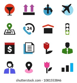 solid vector icon set - route vector, navigator, map pin, plane, traffic light, phone 24, support, client, receipt, document, glass, dry cargo, top sign, tulip, sorting