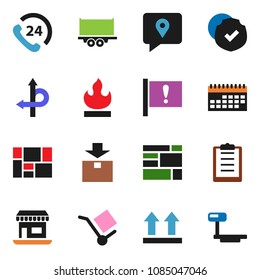 solid vector icon set - route vector, attention, office, phone 24, traking, truck trailer, calendar, consolidated cargo, clipboard, top sign, package, protected, flammable, big scales