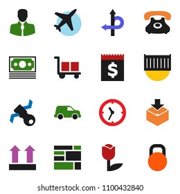 solid vector icon set - route vector, plane, satellite, money, phone, client, sea container, car, clock, receipt, consolidated cargo, top sign, tulip, package, weight