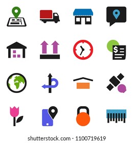 solid vector icon set - route vector, navigator, earth, office, satellite, traking, delivery, clock, receipt, dry cargo, top sign, tulip, warehouse, weight, barcode