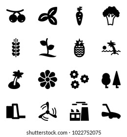 Solid vector icon set - rowanberry vector, three leafs, carrot, broccoli, spica, sproute, pineapple, palm, flower, forest, water power plant, wind mill, lawn mower