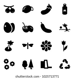 Solid vector icon set - rowanberry vector, lemon, eggplant, milk, eggs, coconut cocktail, banana, palm, dragonfly, flower, tulip, forest, water power plant, recycling
