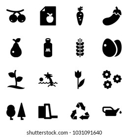 Solid vector icon set - rowanberry vector, diet list, carrot, eggplant, pear, milk, spica, eggs, sproute, palm, tulip, flower, forest, water power plant, recycling, oiler