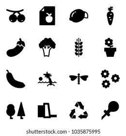 Solid vector icon set - rowanberry vector, diet list, lemon, carrot, eggplant, broccoli, spica, flower pot, banana, palm, dragonfly, forest, water power plant, recycling, oiler
