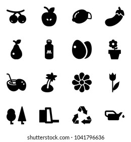 Solid vector icon set - rowanberry vector, apple, lemon, eggplant, pear, milk, eggs, flower pot, coconut cocktail, palm, tulip, forest, water power plant, recycling, oiler