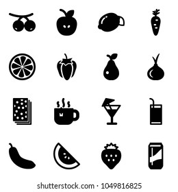 Solid vector icon set - rowanberry vector, apple, lemon, carrot, slice, sweet pepper, pear, onion, breads, hot tea, drink, banana, watermelon, strawberry