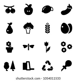 Solid vector icon set - rowanberry vector, apple, lemon, eggplant, pear, broccoli, spica, eggs, flower pot, dragonfly, tulip, forest, water power plant, recycling, oiler