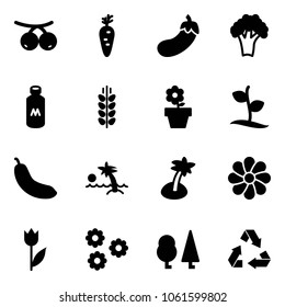 Solid vector icon set - rowanberry vector, carrot, eggplant, broccoli, milk, spica, flower pot, sproute, banana, palm, tulip, forest, recycling