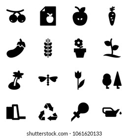 Solid vector icon set - rowanberry vector, diet list, apple, carrot, eggplant, spica, flower pot, sproute, palm, dragonfly, tulip, forest, water power plant, recycling, oiler