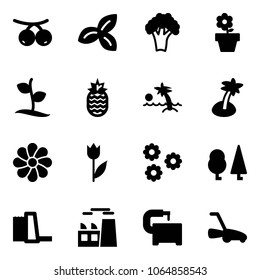 Solid vector icon set - rowanberry vector, three leafs, broccoli, flower pot, sproute, pineapple, palm, tulip, forest, water power plant, machine tool, lawn mower