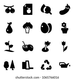 Solid vector icon set - rowanberry vector, diet list, blood test, eggplant, pear, broccoli, eggs, flower pot, sproute, coconut cocktail, palm, tulip, forest, water power plant, recycling, oiler