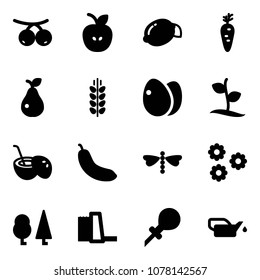 Solid vector icon set - rowanberry vector, apple, lemon, carrot, pear, spica, eggs, sproute, coconut cocktail, banana, dragonfly, flower, forest, water power plant, oiler