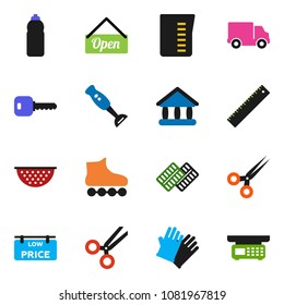 solid vector icon set - rubber glove vector, colander, measuring cup, blender, ruler, university, roller Skates, water bottle, delivery, scissors, pills blister, key, low price signboard, open
