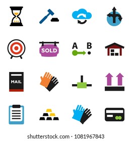 Solid Vector Icon Set - Rubber Glove Vector, Clipboard, Auction, Sand Clock, Gold Ingot, Target, Route, Top Sign, Connect, Cloud Exchange, Mailbox, Barn, Sold Signboard, Credit Card