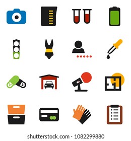 solid vector icon set - rubber glove vector, measuring cup, archive, swimsuit, traffic light, camera, microphone, battery, vial, dropper, pills, login, garage, plan, credit card, shopping list