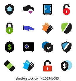 solid vector icon set - rubber glove vector, cook, dollar shield, safe, protected, patch, cloud, lock, unlock, home protect
