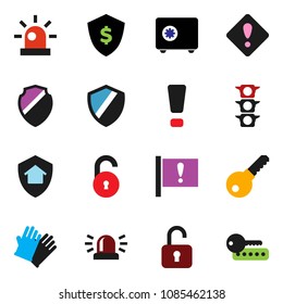 solid vector icon set - rubber glove vector, dollar shield, safe, attention, traffic light, unlock, sign, siren, home protect, password