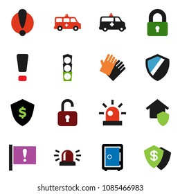 solid vector icon set - rubber glove vector, dollar shield, safe, attention, traffic light, amkbulance car, sign, siren, lock, home protect, unlock