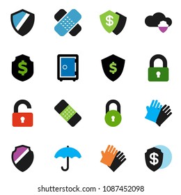 solid vector icon set - rubber glove vector, dollar shield, safe, umbrella, patch, cloud, lock, unlock