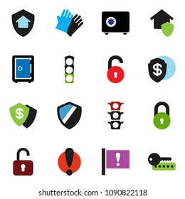 solid vector icon set - rubber glove vector, safe, attention, traffic light, shield, lock, unlock, home protect, dollar, password