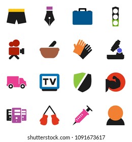 solid vector icon set - rubber glove vector, pen, microscope, case, muscule hand, boxing, shorts, traffic light, delivery, protected, tv, video camera, syringe, mortar, server, consumer