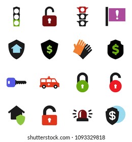 solid vector icon set - rubber glove vector, dollar shield, attention, traffic light, amkbulance car, lock, unlock, key, siren, home protect