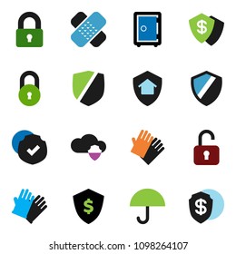 solid vector icon set - rubber glove vector, dollar shield, safe, umbrella, protected, patch, cloud, lock, home protect, unlock