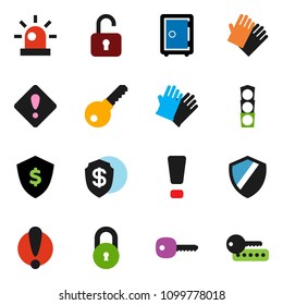 solid vector icon set - rubber glove vector, dollar shield, safe, attention, traffic light, lock, key, sign, siren, unlock, password