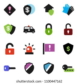 solid vector icon set - rubber glove vector, dollar shield, attention, amkbulance car, lock, key, sign, siren, unlock, home protect, password