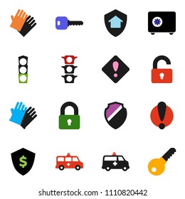 solid vector icon set - rubber glove vector, dollar shield, safe, attention, traffic light, ambulance car, key, sign, lock, unlock, home protect, password