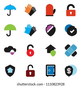 solid vector icon set - rubber glove vector, cook, safe, umbrella, protected, patch, cloud shield, unlock, home protect, dollar
