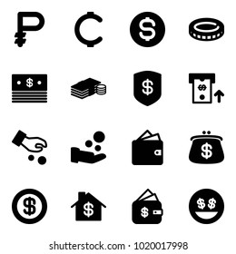 Solid vector icon set - ruble vector, cent, dollar coin, cash, safe, atm, investment, pay, wallet, purse, home, finance management, money smile
