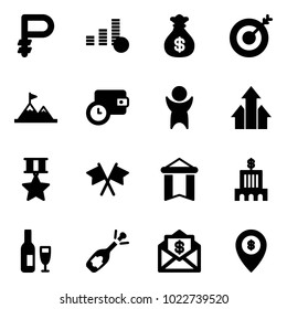 Solid vector icon set - ruble vector, coin, money bag, target, attainment, wallet time, success, arrows up, star medal, flags cross, pennant, bank building, wine, fizz opening, mail dollar