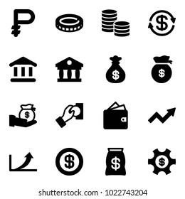 Solid vector icon set - ruble vector, coin, dollar exchange, bank, money bag, investment, cash pay, wallet, growth arrow, managemet