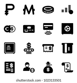 Solid vector icon set - ruble vector, monero, coin, euro dollar, credit card, tap pay, safe, bank, receipt, atm, account statement, money bag, history
