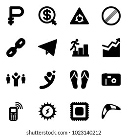 Solid vector icon set - ruble vector, money click, round motion road sign, no limit, link, paper fly, career, growth, team leader, flying man, flip flops, photo, mobile phone, sun power, cpu