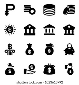 Solid vector icon set - ruble vector, coin, dollar sun, bank, money bag, piggy, investment, purse, rich