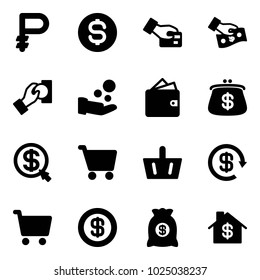 Solid vector icon set - ruble vector, dollar coin, card pay, cash, wallet, purse, money click, cart, basket, reload, bag, home