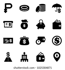 Solid vector icon set - ruble vector, coin, insurance, receipt, money bag, piggy bank, wallet, check, purse, time, dollar, building, finance management, atm map pin