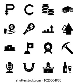 Solid vector icon set - ruble vector, cent, coin, cash, investment, money torch, growth arrow, up, pedestal, flag, star medal, rock axe, microphone, luck, sand fort, wine