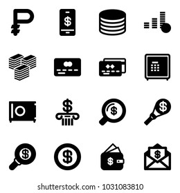 Solid vector icon set - ruble vector, mobile payment, coin, big cash, credit card, safe, bank, money search, torch, dollar, finance management, mail